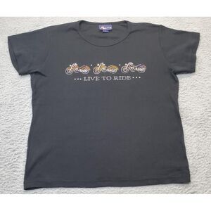 Aces Design T Shirt Top Women Large Black Live to Ride Biker Beaded Short Sleeve
